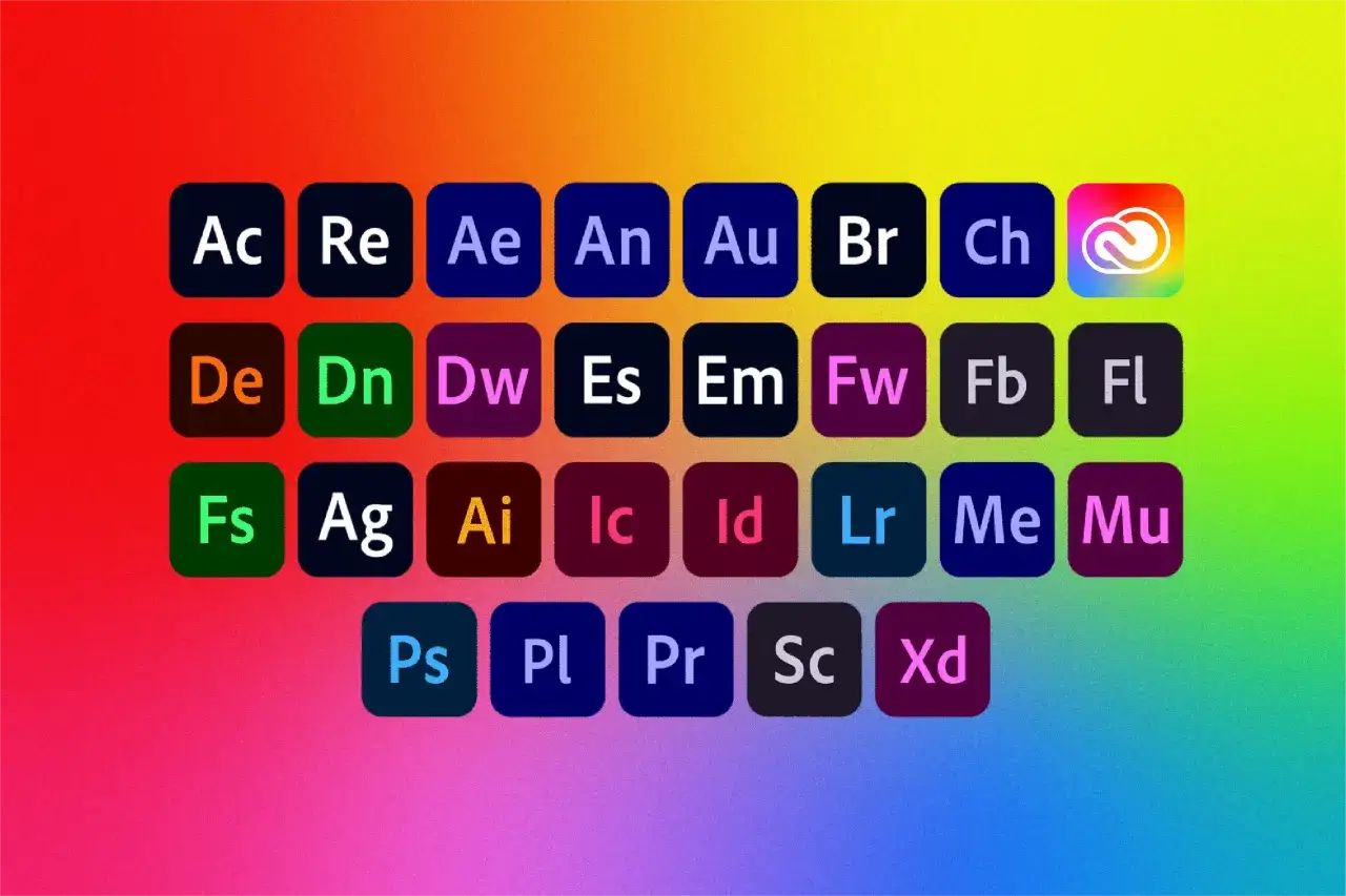Ikony aplikacji Adobe, w tym logo Creative Cloud, na tęczowym tle.