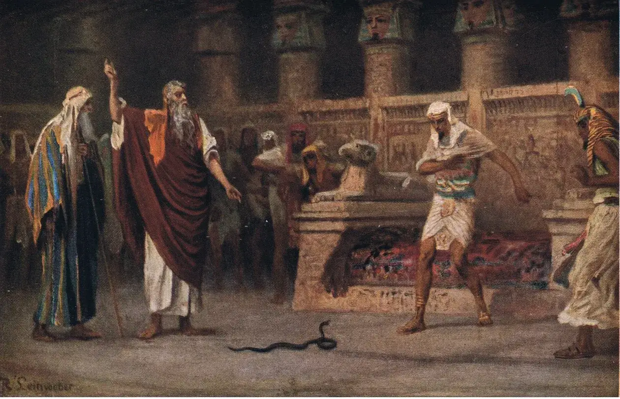Moses in the Bible, a prophet, confronts Egyptian sorcerers. His staff becomes a serpent, swallowing theirs.