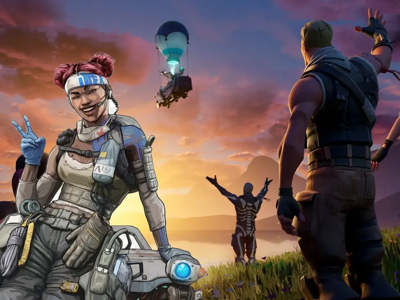 Postacie z gier podobnych do Fortnite, w tym uśmiechnięta kobieta z gestem pokoju i mężczyzna z podniesionymi rękami na tle zachodu słońca.