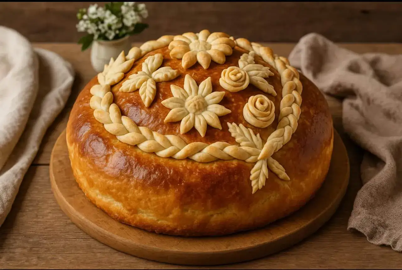 Obrzędowe ciasto weselne, ozdobione plecionką i kwiatami z ciasta, symbolizuje pomyślność i miłość.