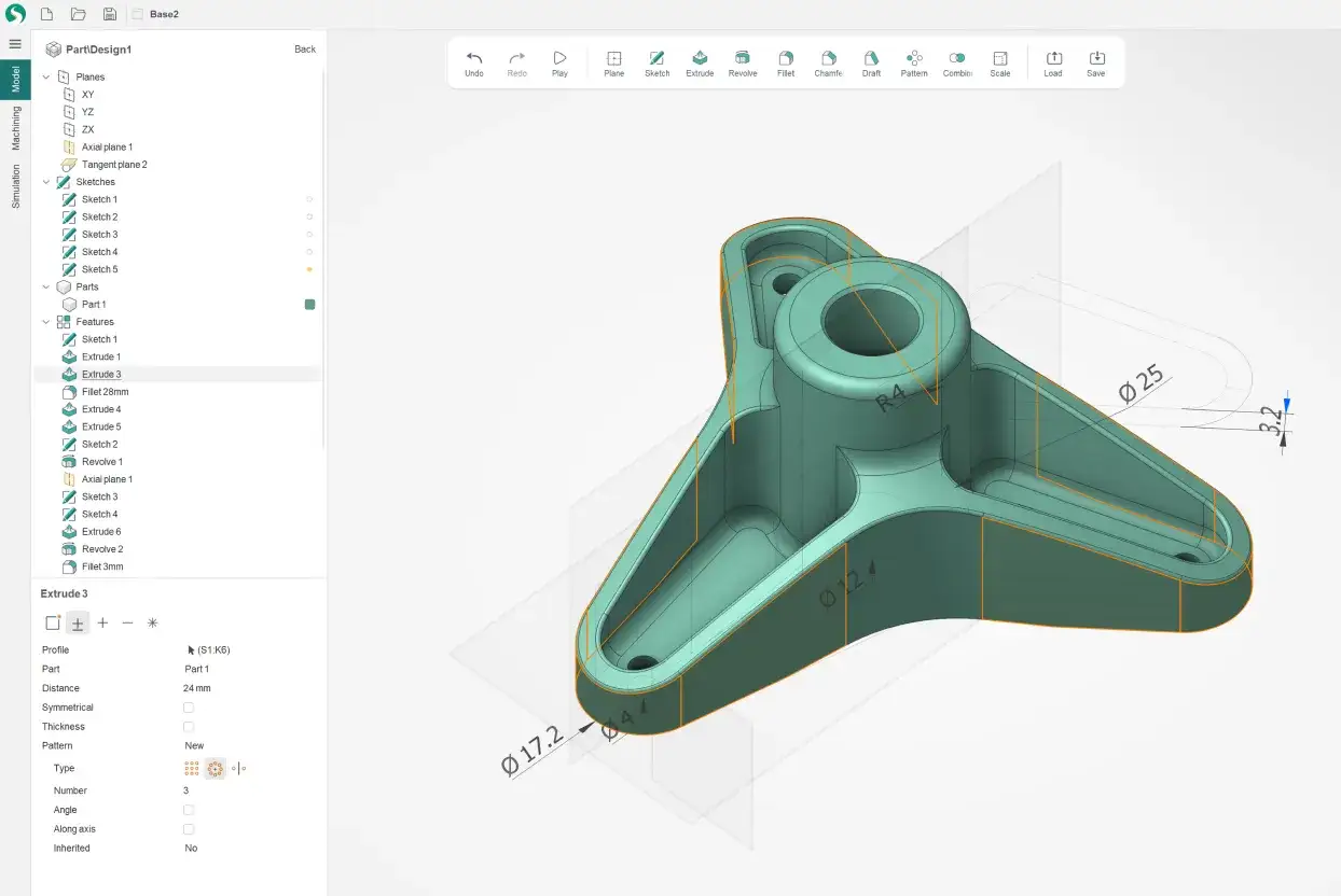 Modellazione parametrica di un componente a tre bracci, con quote e feature visibili.