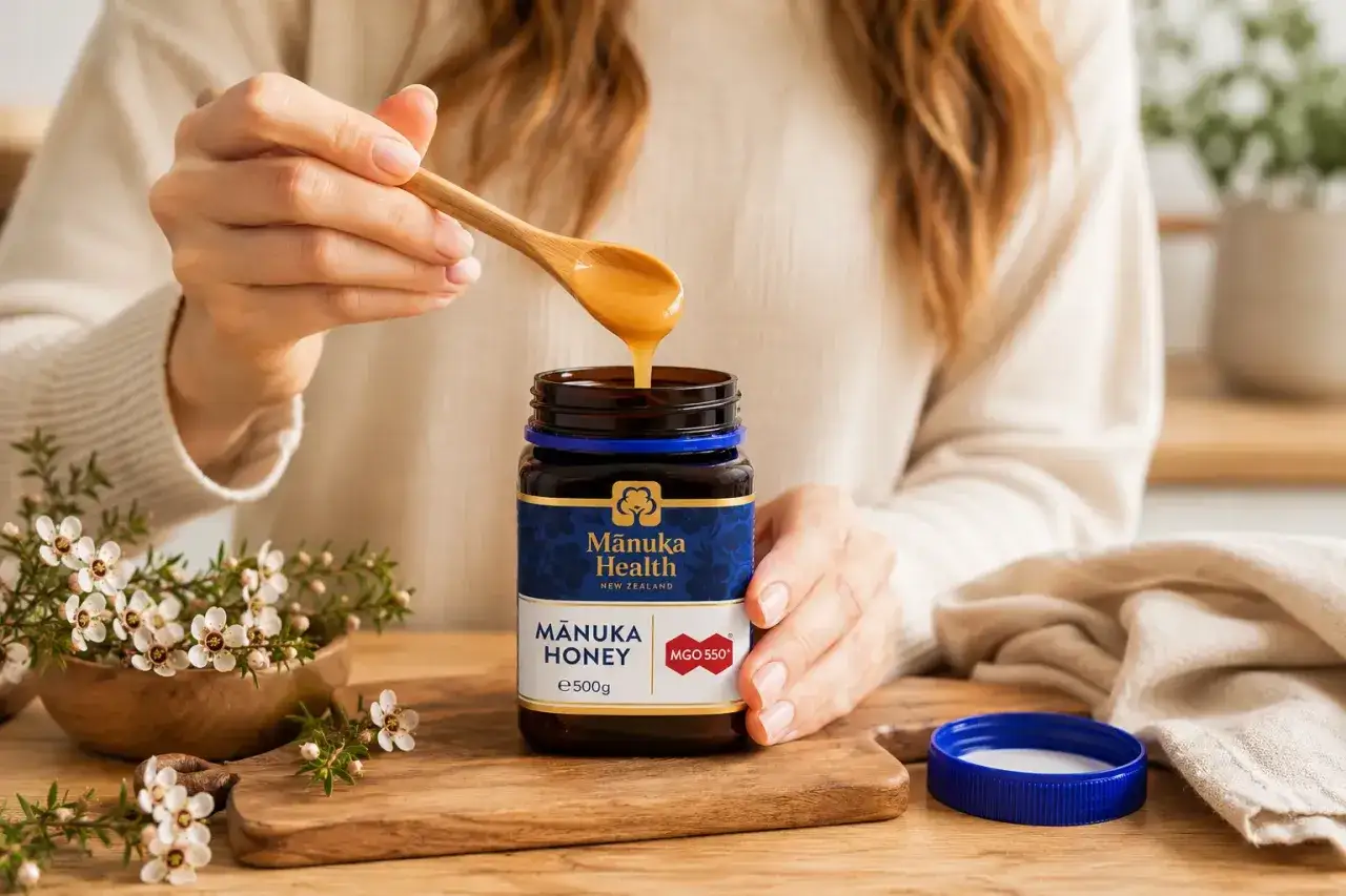 Ktoś nabiera miód manuka na drewnianą łyżkę. Czy miód można trzymać w lodówce? Nie, miód najlepiej przechowywać w temperaturze pokojowej.