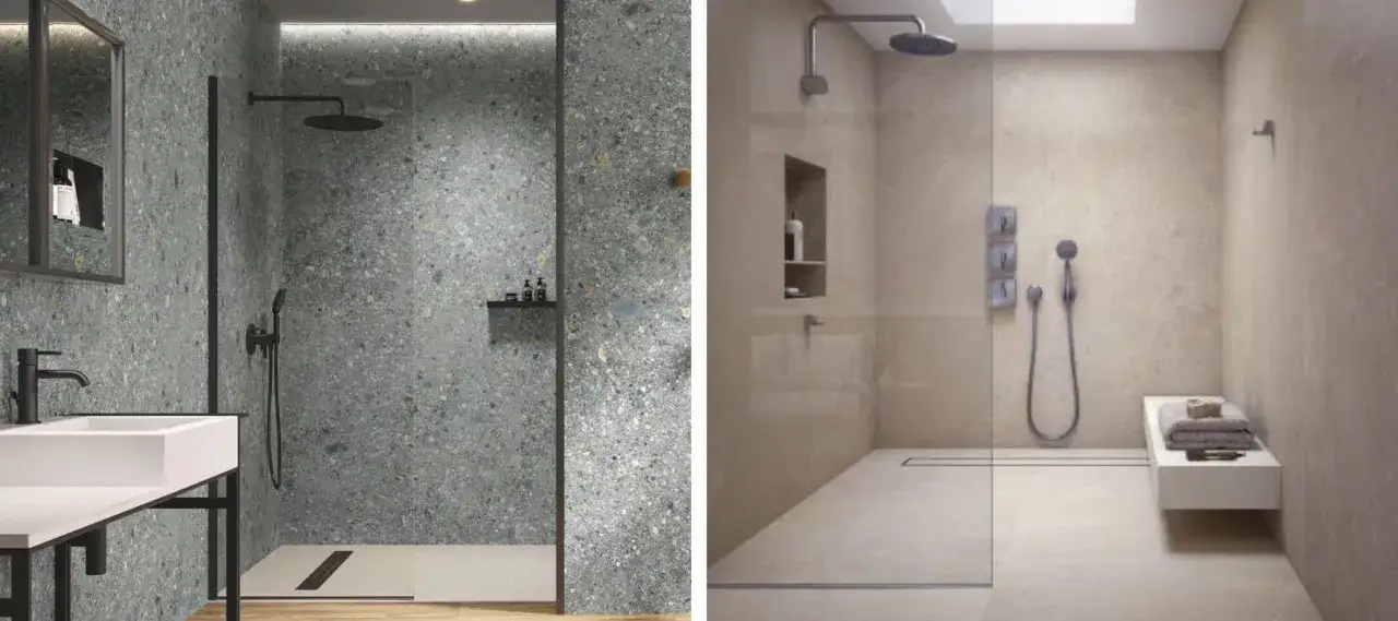 Aménagement douche moderne avec murs en terrazzo gris et beige, robinetterie noire et beige, et banc intégré.
