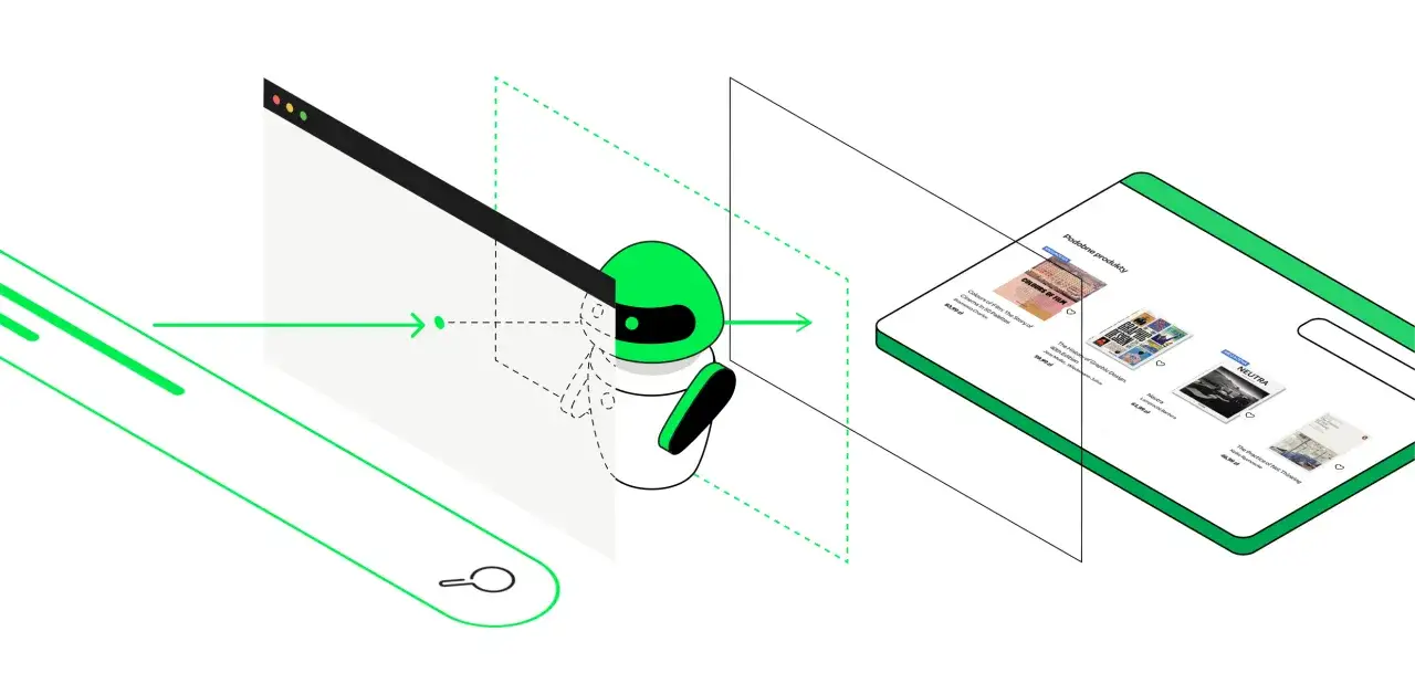 Ilustracja przedstawia proces wyszukiwania głosowego, gdzie robot analizuje zapytanie i wyświetla rekomendowane produkty na ekranie smartfona.
