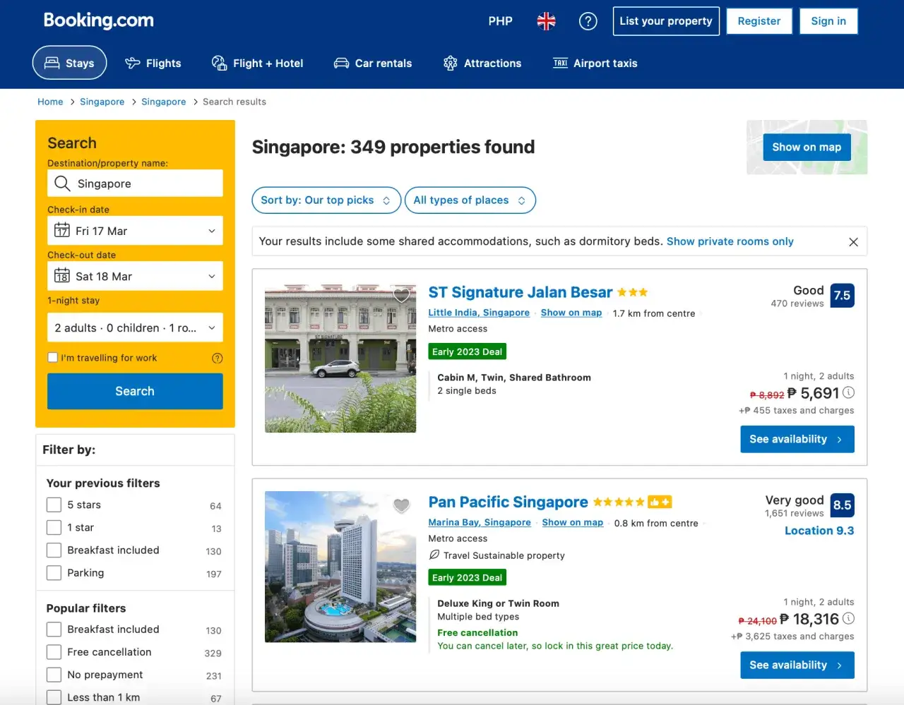 Booking.com Suchmaske Filter Hotel