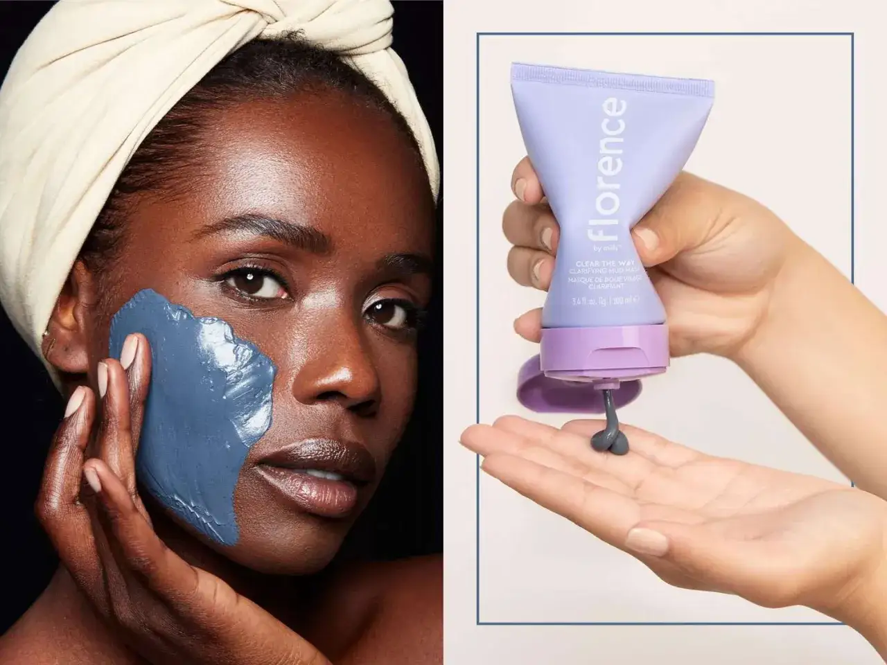En kvinna applicerar en bl&aring; lermask som hj&auml;lper till att minska porer. En tub med masken syns bredvid.