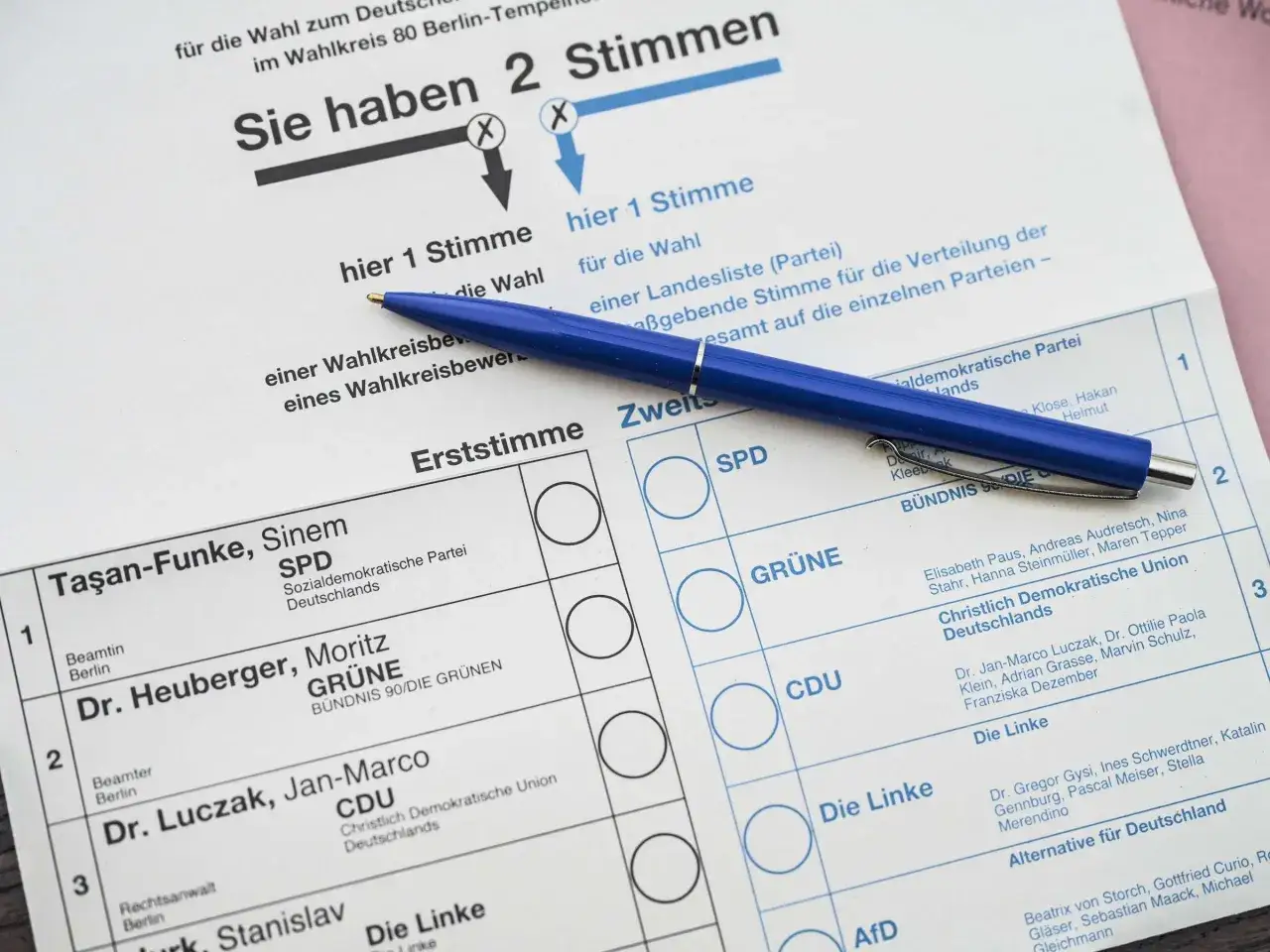 Wahlzettel zeigt Erst- und Zweitstimme. Die Zweitstimme ist wichtiger, da sie die Verteilung der Sitze im Bundestag bestimmt.
