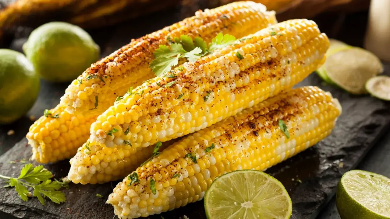 Drei gegrillte Maiskolben mit Gewürzen und Kräutern, serviert mit Limettenspalten. Ein gesunder Genuss!