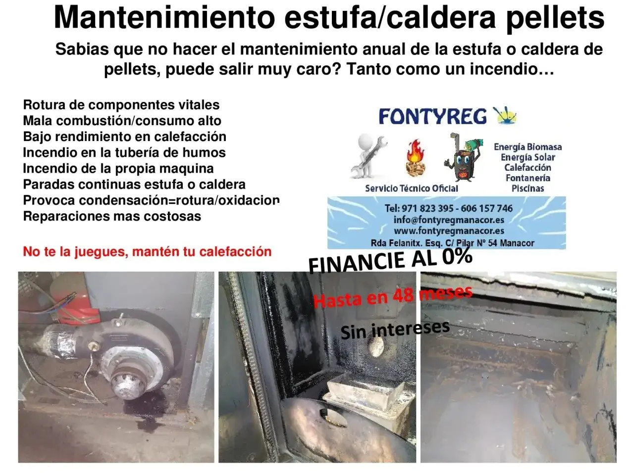 Imágenes de estufas de pellets sucias y dañadas, advirtiendo sobre los peligros de las estufas de pellets si no se les da mantenimiento, como incendios y roturas.