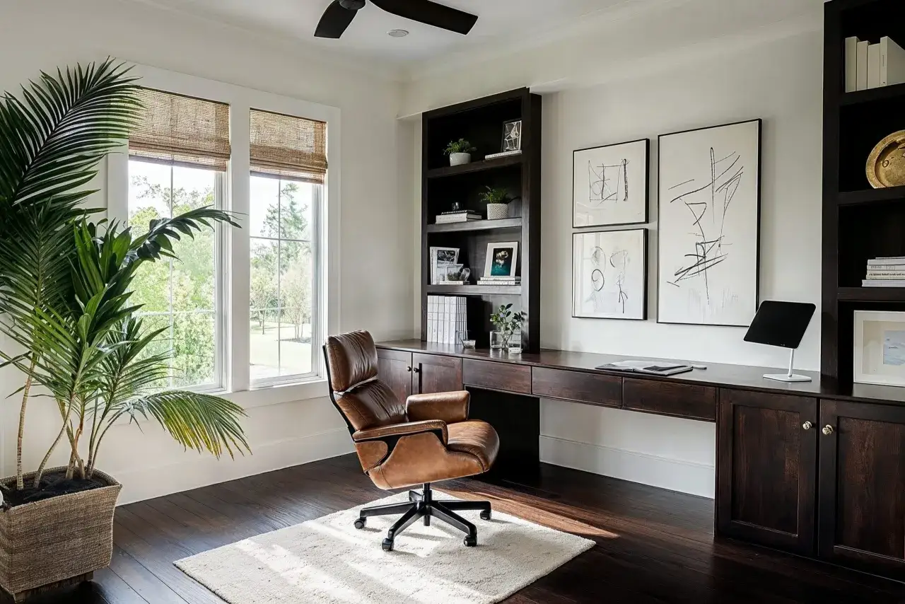 Une petite chambre avec bureau, un fauteuil en cuir marron, une grande plante verte et des &oelig;uvres d'art modernes.