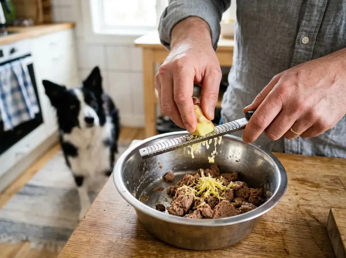 A person grates ginger into a dog's food bowl, a curious dog watches. This shows that dogs can have ginger as a healthy addition.