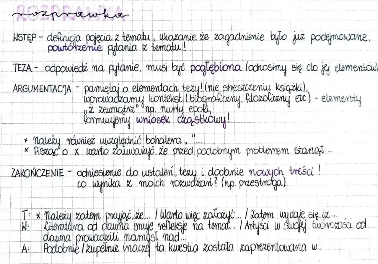 Jak pisać rozprawkę: Wstęp, Teza, Argumentacja, Zakończenie. Schemat budowy eseju, wskazówki, jak formułować wnioski i argumenty.