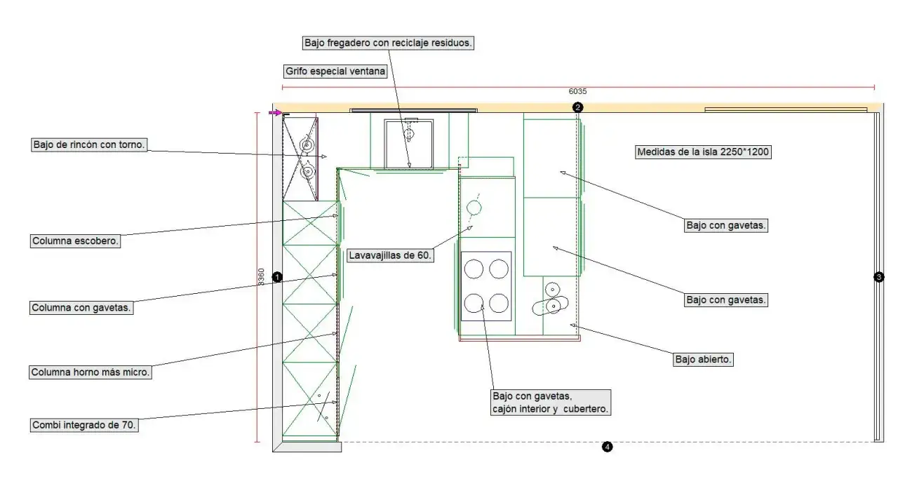 Plano de cocina con medidas de muebles: bajo fregadero, columna escobero, lavavajillas, isla y más.