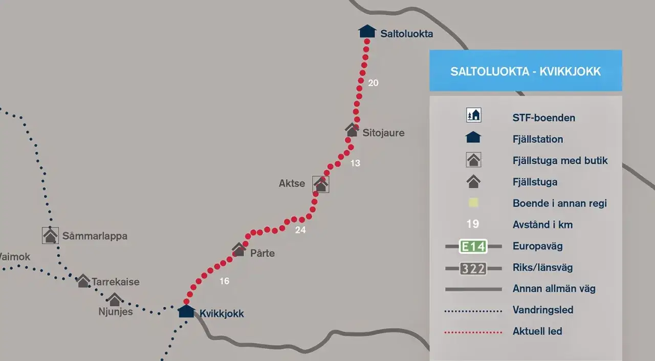 Karta &ouml;ver vandringsleder mellan Saltoluokta och Kvikkjokk. Den r&ouml;da linjen visar aktuell led med STF-boenden och fj&auml;llstugor.