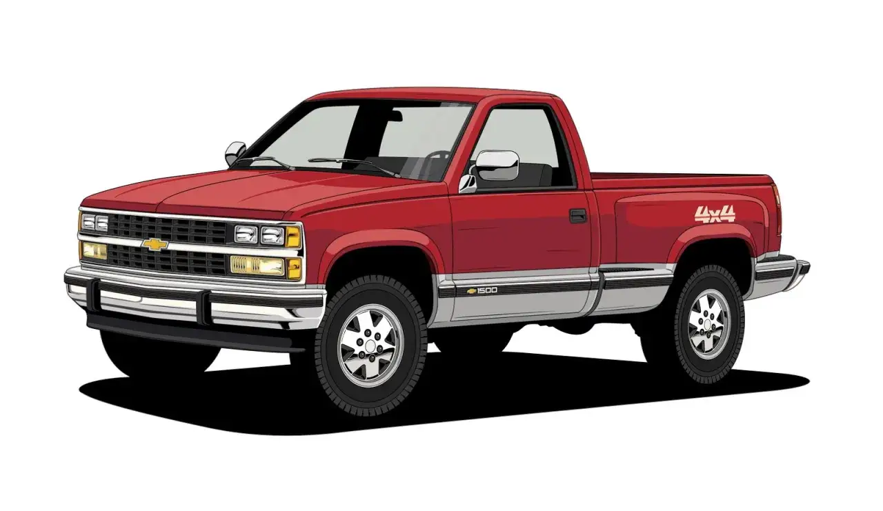 Czerwony chevrolet pickup 1500 4x4 z chromowanymi zderzakami i felgami, gotowy na każdą drogę.