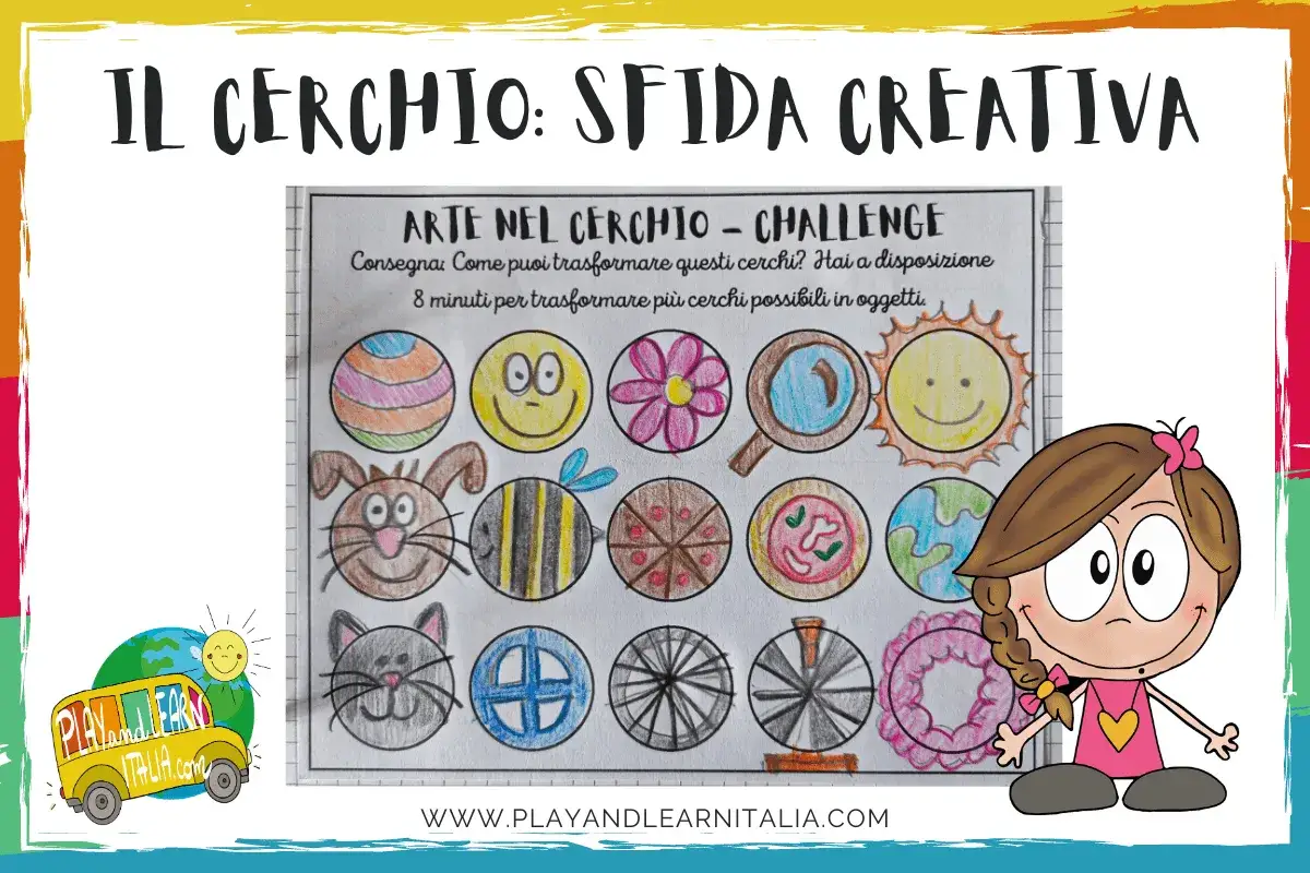 Sfida creativa per il cerchio scuola primaria: disegni di oggetti trasformati da cerchi colorati, come un coniglio, un'ape, un sole e una lente d'ingrandimento.