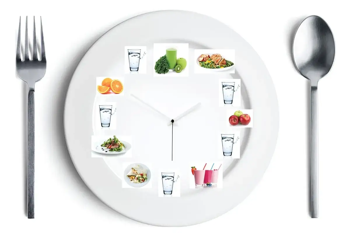 Eine Uhr auf einem Teller mit gesunden Lebensmitteln und Getr&auml;nken, die die richtige Zeit f&uuml;r vor oder nach dem Sport essen zeigt.