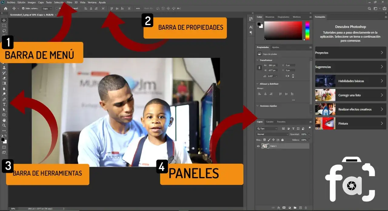 Interfaz de Photoshop para edici&oacute;n fotogr&aacute;fica, mostrando barras de men&uacute;, herramientas, propiedades y paneles.