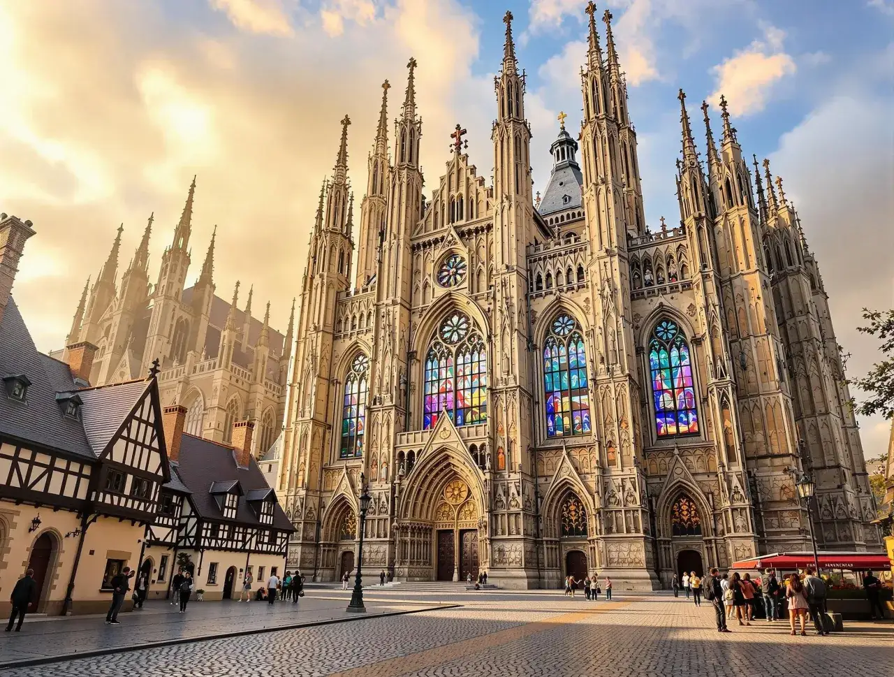 Majestatyczna katedra w stylu gotyckim, z licznymi wieżyczkami, strzelistymi łukami i kolorowymi witrażami. Charakterystyczne cechy stylu gotyckiego widoczne są w jej monumentalnej architekturze.