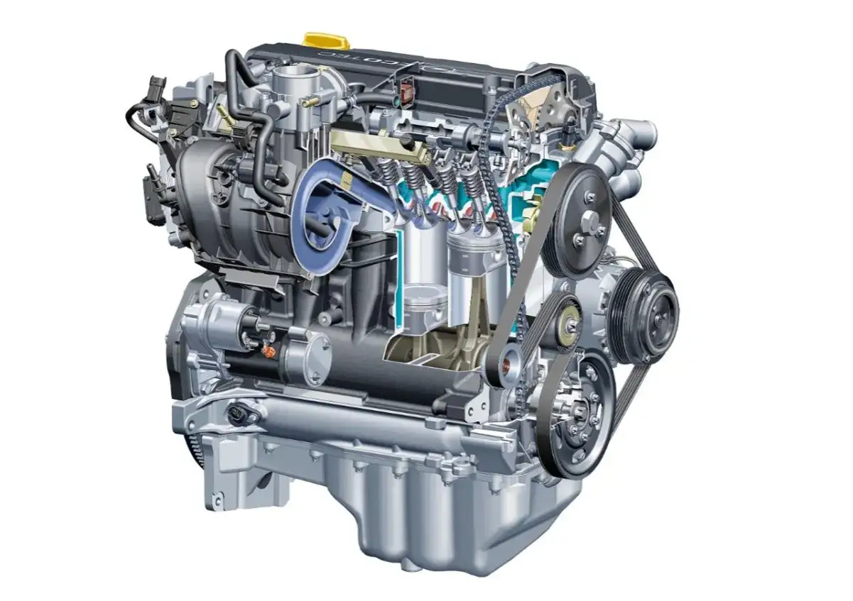 Przekrój silnika Opel Meriva B 1.4 Turbo z widocznymi tłokami, zaworami i turbosprężarką.