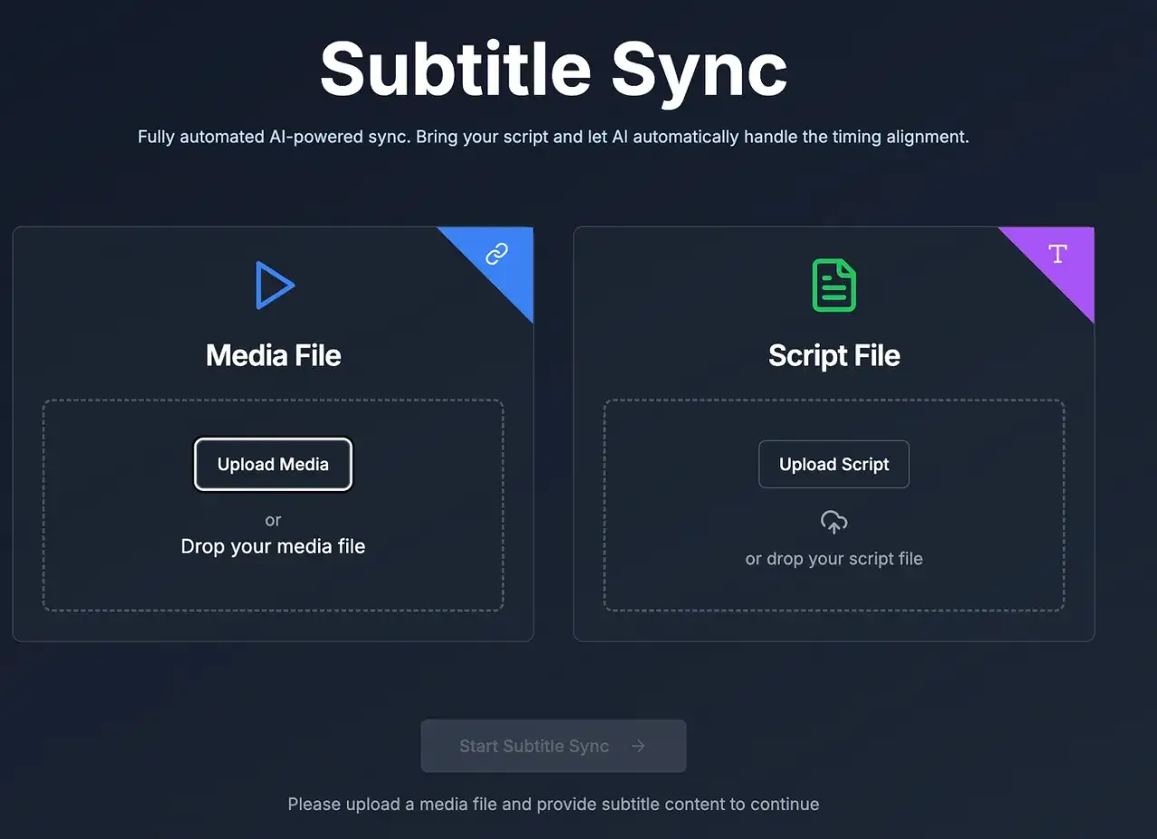 AI-powered tool to fix subtitles out of sync. Upload media and script files for automatic timing alignment.