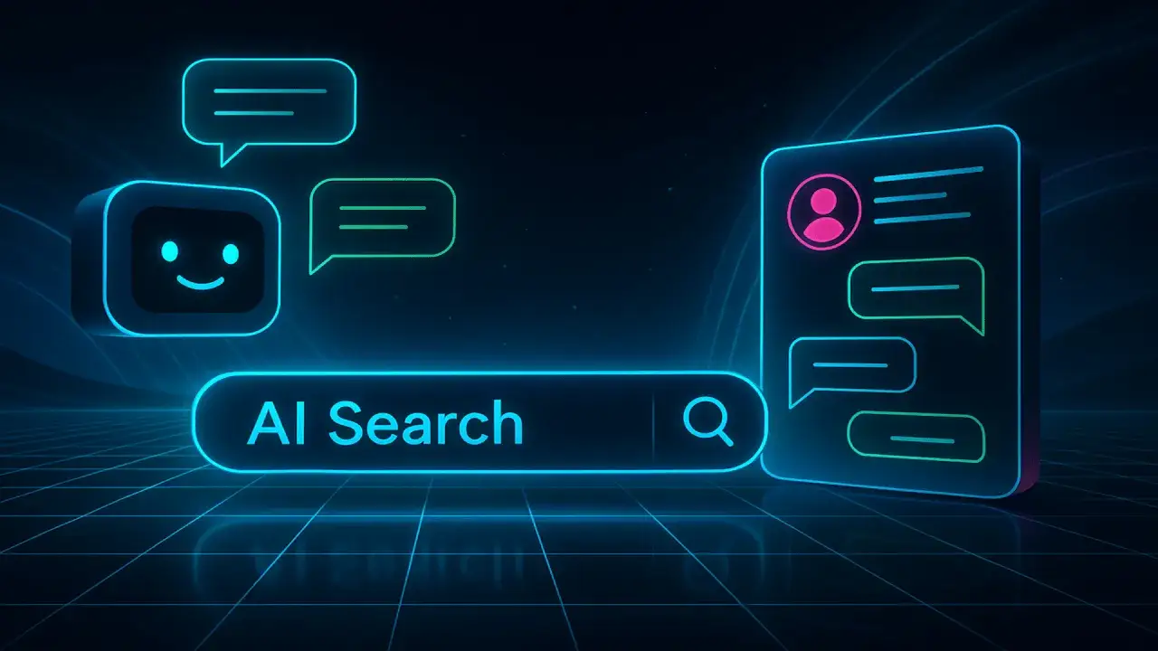 AI Search: czy to perplexity? Widok na interfejs chatbota z ikoną wyszukiwania i dymkami czatu.