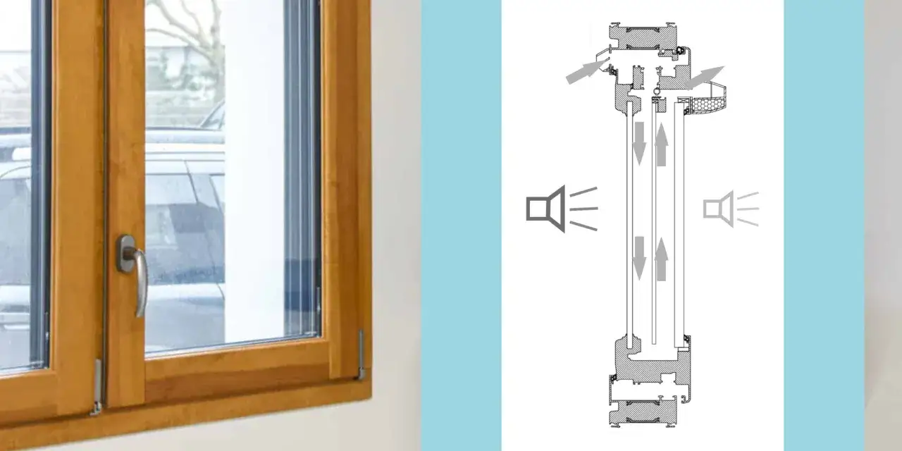 Sch&eacute;ma technique d'une fen&ecirc;tre en bois montrant le syst&egrave;me d'a&eacute;ration et d'isolation phonique.