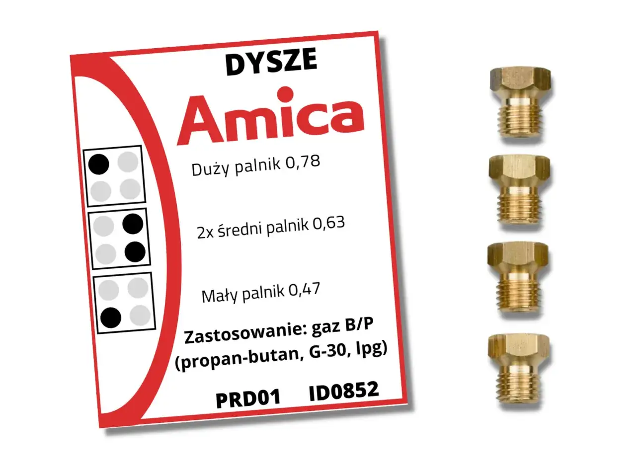 Dysze Amica do przystosowania kuchenki gazowej do gazu z butli (propan-butan, LPG). Zestaw zawiera dysze do palników o różnej mocy.