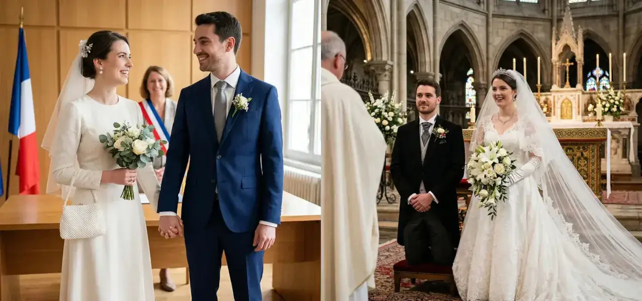 Un couple célèbre son mariage, d'abord à la mairie, puis à l'église, symbolisant l'indissolubilité du mariage.