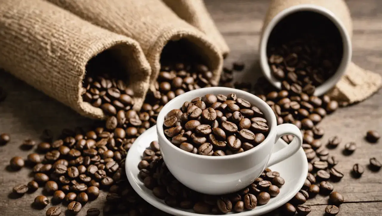 Eine Tasse gefüllt mit gerösteten Kaffeebohnen, die auf einem Holztisch liegen. Daneben liegen zwei Säcke, aus denen ebenfalls Bohnen rieseln. Perfekt für einen milden Kaffee.