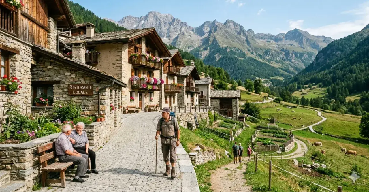Un villaggio alpino incantevole al **piede montagna**, con case in pietra e fiori colorati. Escursionisti passeggiano su sentieri verdi, mentre imponenti vette fanno da sfondo.