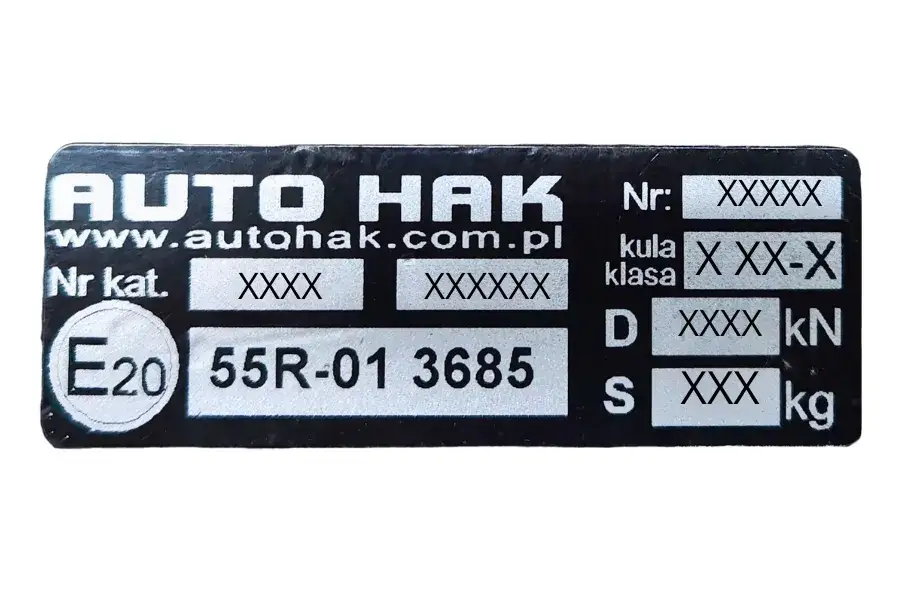 tabliczka znamionowa haka holowniczego z homologacją e20
