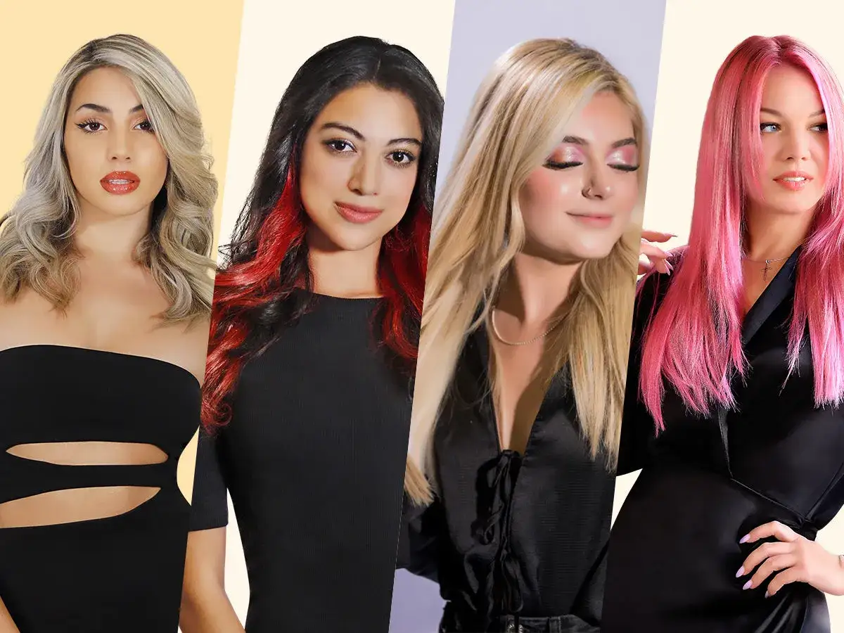 Quattro donne con **colori nuovi per capelli**: biondo platino, nero con ciocche rosse, biondo dorato e rosa acceso.