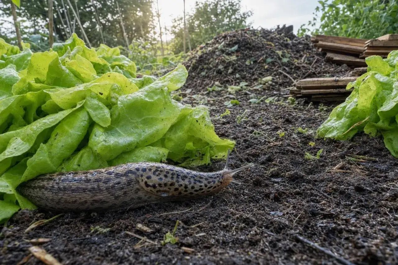 Une limace tachetée se faufile près d'une laitue. Comment tuer les limaces ? Ce nuisible dévore les salades du potager.