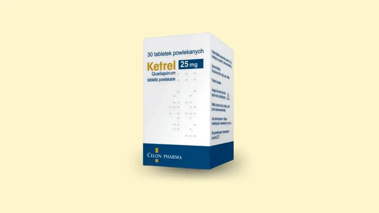 Opakowanie leku Ketrel 25 mg, zawierające 30 tabletek powlekanych. Stosowany w leczeniu różnych schorzeń.