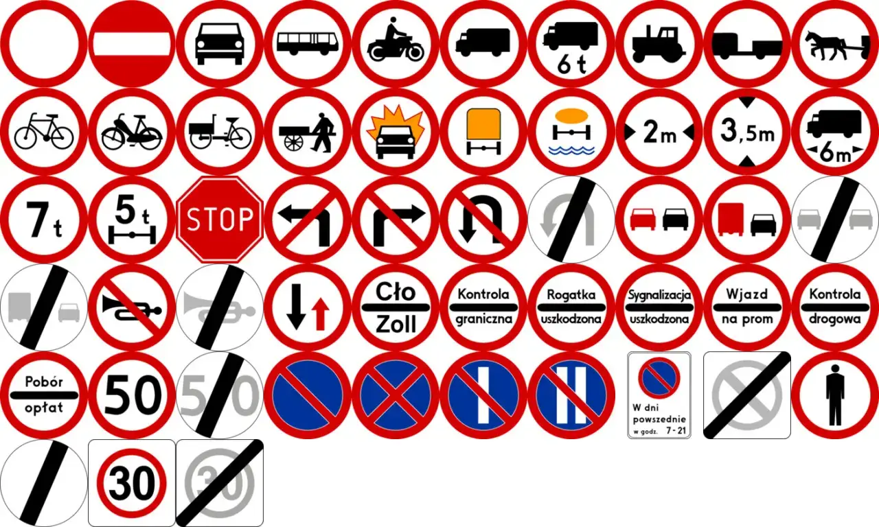 Kolekcja znaków drogowych, w tym znak b1 (zakaz wjazdu), znaki zakazu, nakazu, informacyjne i ostrzegawcze.