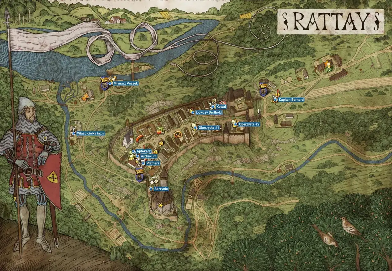 Mapa Rattay z zaznaczonymi lokacjami: Młynarz Peszek, Kowal, Aptekarz, Skrzynia. Pomoc w grze Kingdom Come Deliverance.