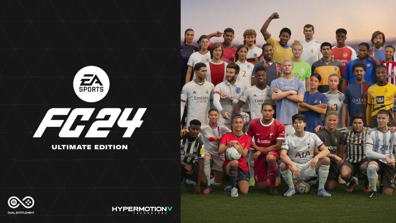 El juego EA SPORTS FC 24 presenta un grupo diverso de futbolistas, hombres y mujeres, listos para la acción.