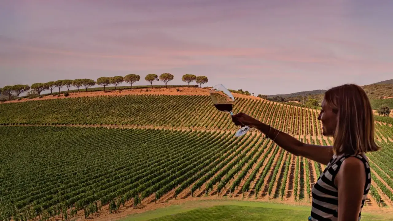 Donna brinda con un bicchiere di chianti gran selezione, ammirando i vigneti al tramonto.