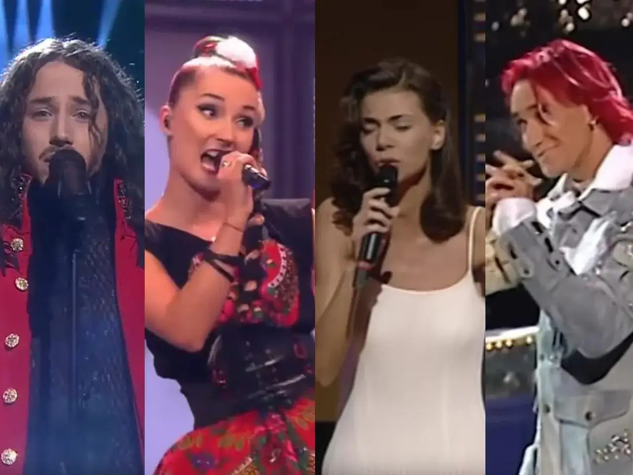 Kto reprezentował Polskę na Eurowizji? Czterech artystów: mężczyzna w czerwonej kurtce, kobieta w ludowym stroju, brunetka w białej sukience i artystka z rudymi włosami.