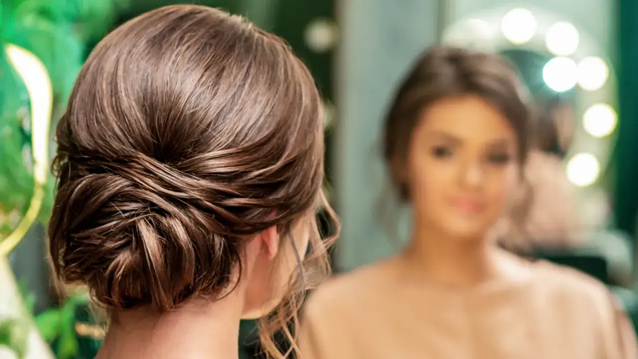 Peinado elegante que disimula las canas sin tinte. La mujer se mira al espejo, satisfecha con su look natural.