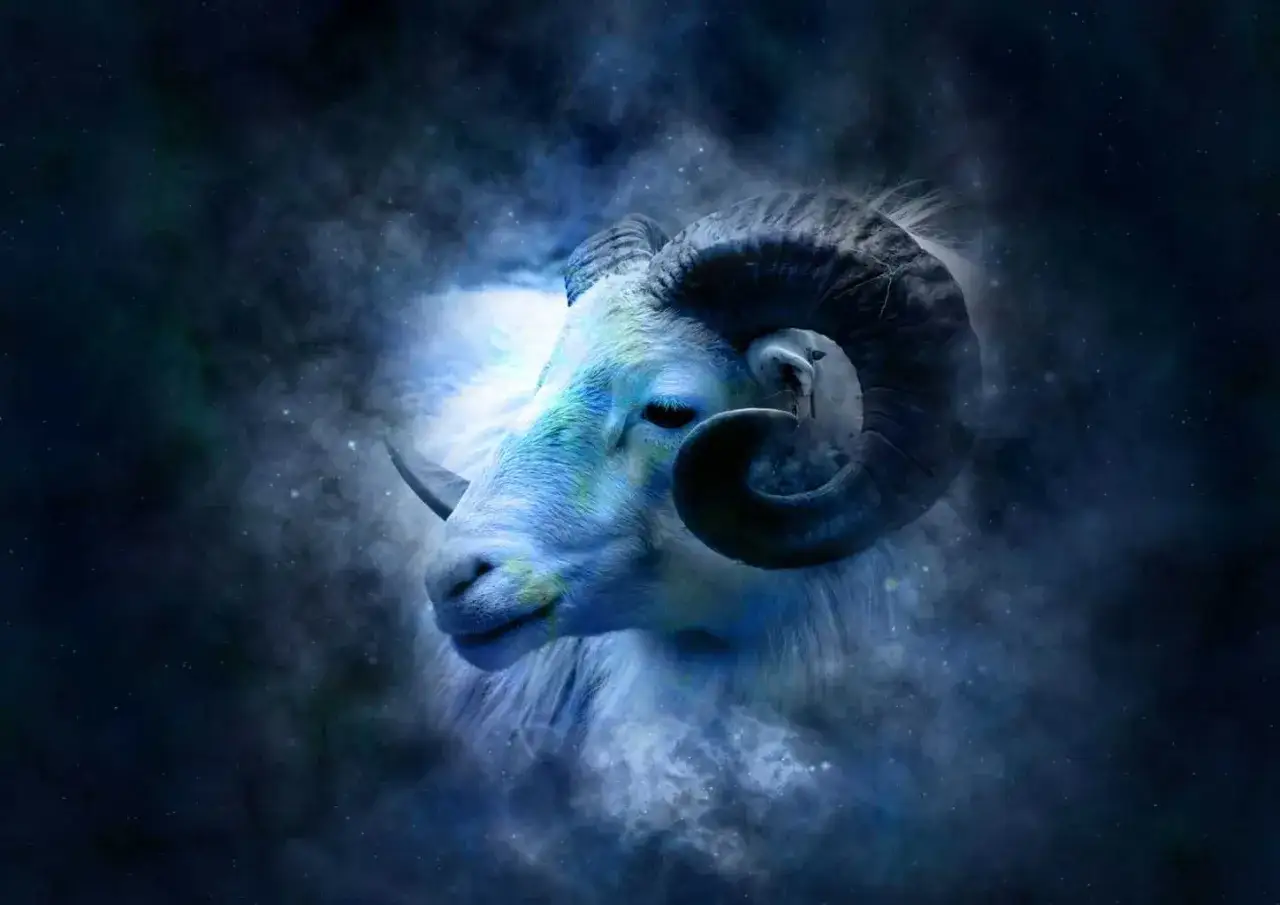 A mystical ram with a glowing horn of salvation emerges from a starry nebula, its blue-tinged fleece and powerful horns hinting at cosmic power.