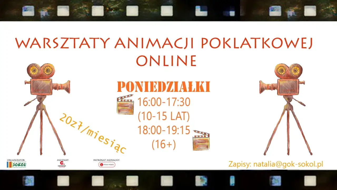 Warsztaty animacji poklatkowej online. Poniedziałki 16:00-17:30 (10-15 lat) i 18:00-19:15 (16+). 20 zł/miesiąc.
