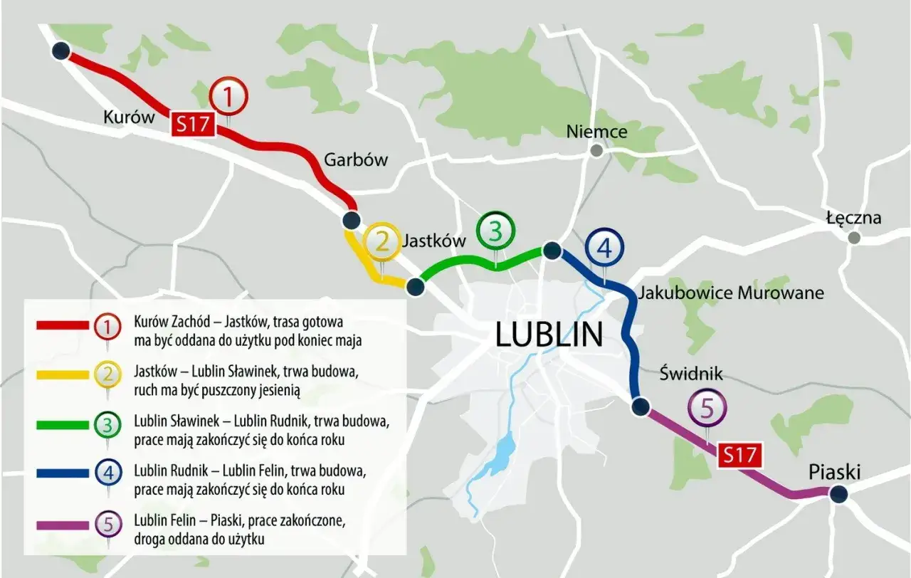 Mapa drogowa S17 koło Lublina: odcinek Kurów-Jastków gotowy, budowa trwa na trasach do Lublina Rudnik i Felin.