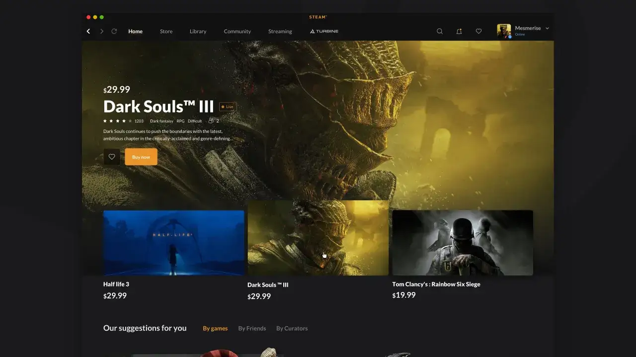 Strona główna Steam od Valve Corporation prezentuje Dark Souls III. Obok widać Half-Life 3 i Tom Clancy's: Rainbow Six Siege.