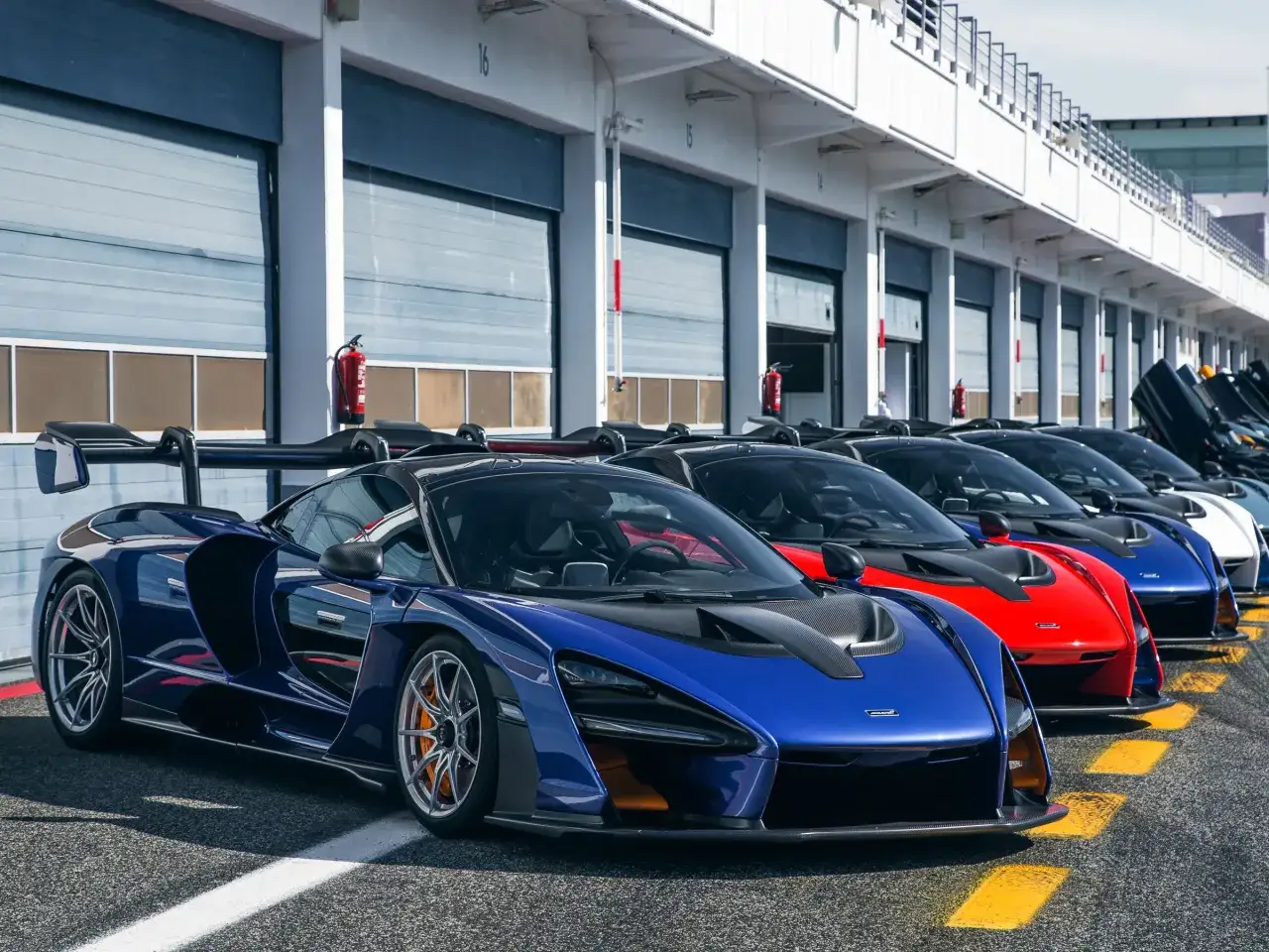 Rząd supersamochodów McLaren Senna w różnych kolorach, gotowych do wyjazdu na tor.