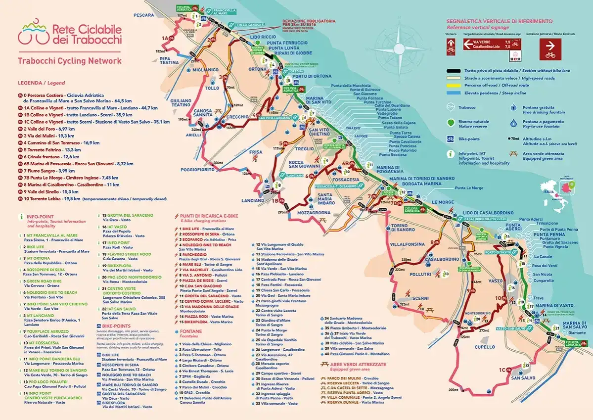 Mappa della **via verde della costa dei trabocchi**, con percorsi ciclabili, punti di interesse e aree verdi.