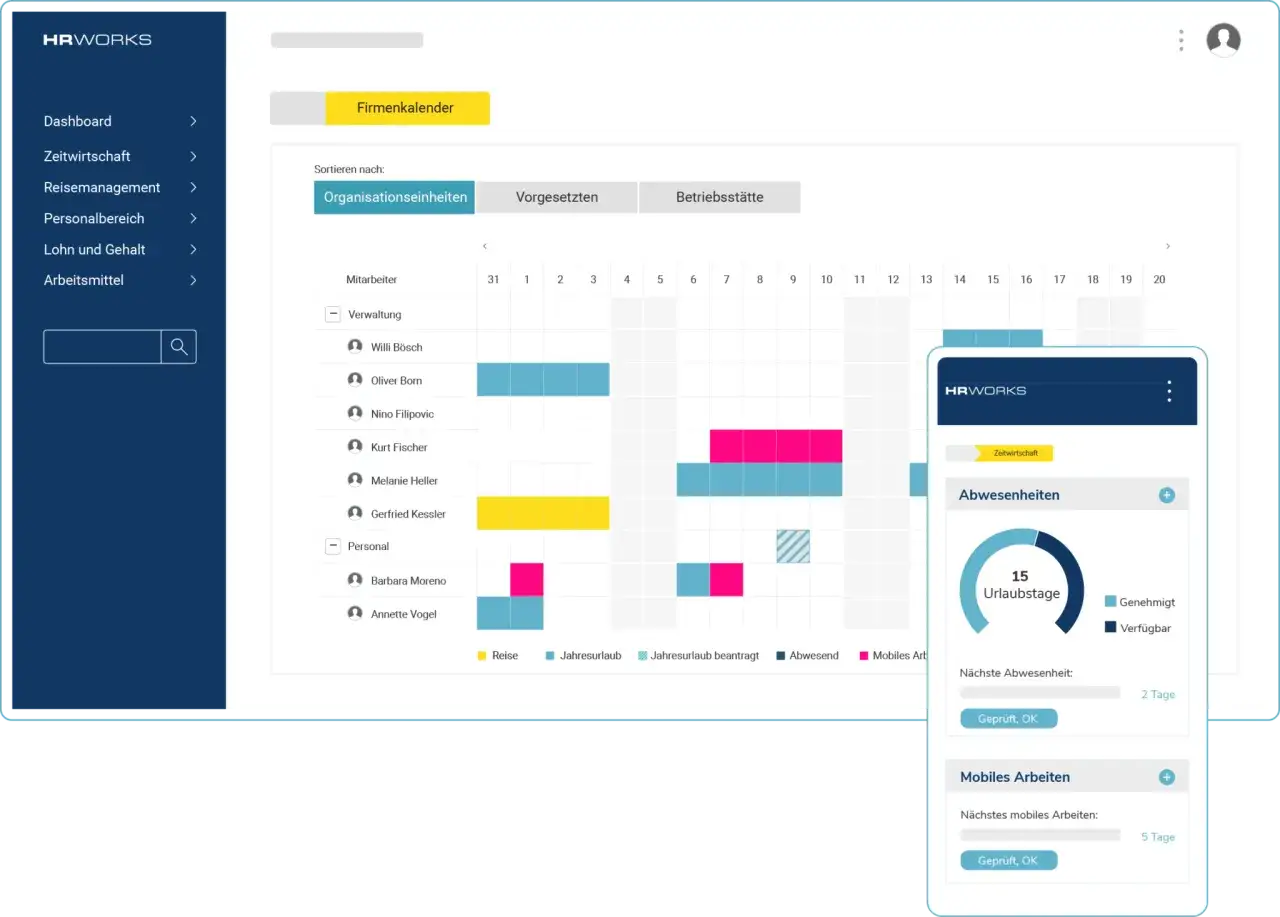 HRWORKS-Software zeigt einen Firmenkalender mit Urlaubs- und Abwesenheitsdaten. Das hris meaning wird durch die Übersicht der Mitarbeiteraktivitäten verdeutlicht.