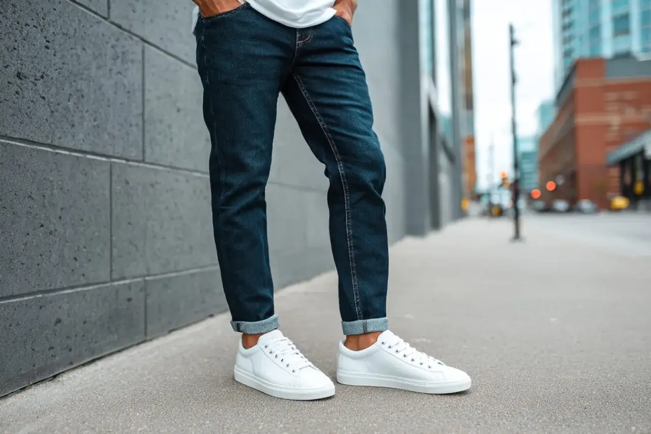 Scarpe da mettere con i jeans uomo: sneakers bianche minimaliste perfette per un look casual e moderno.