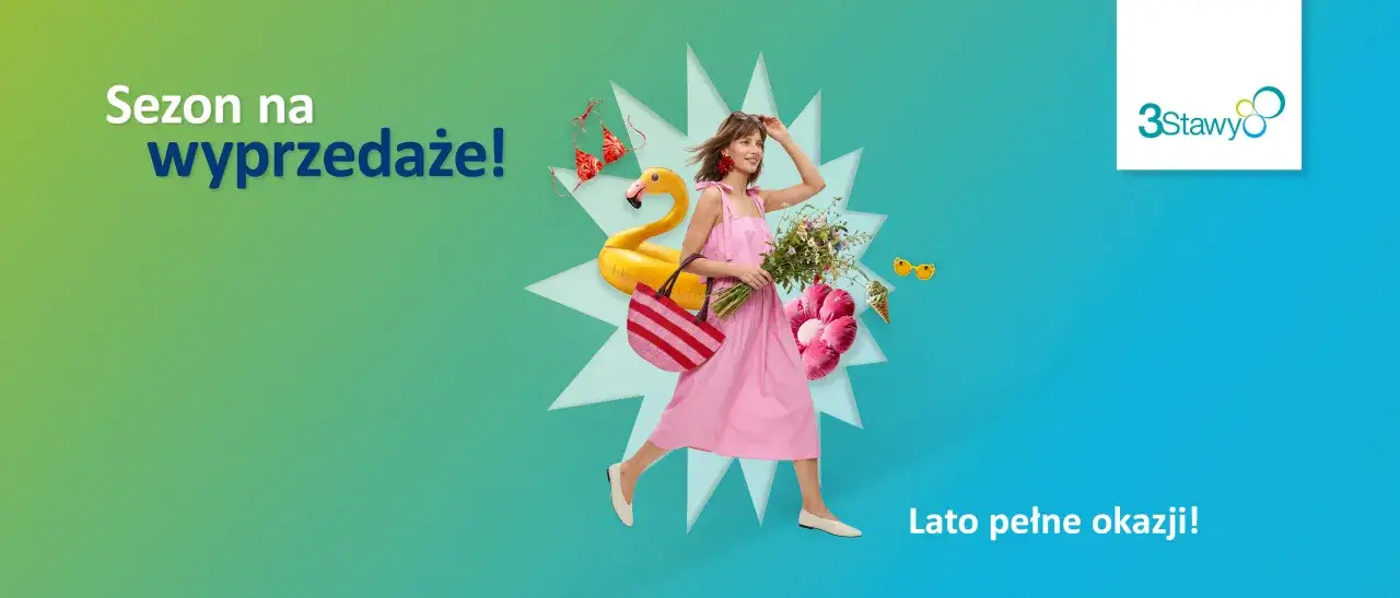 Sezon na wyprzedaże! Radosna kobieta w letniej sukience biegnie po okazje, niosąc bukiet kwiatów i torbę. Wokół niej unoszą się wakacyjne akcesoria: dmuchany flaming, bikini i okulary. Lato pełne okazji!